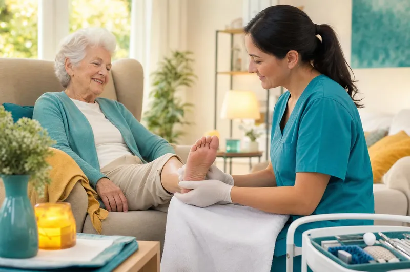 Gentle in-home foot care for an older patient