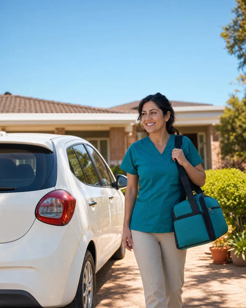 Madleen arriving for a home visit beside her car