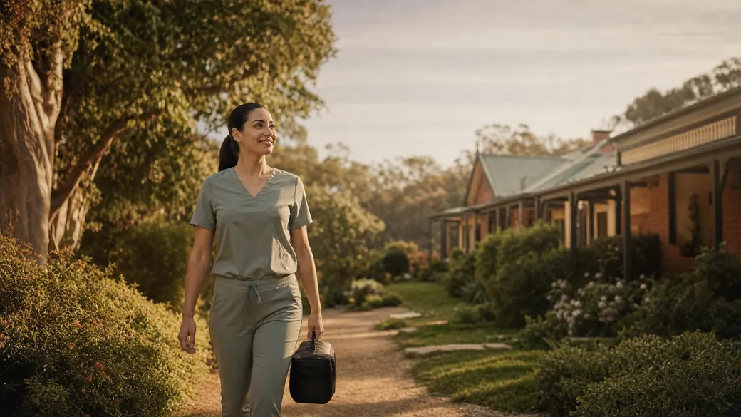Madleen arriving for a home visit in warm afternoon light