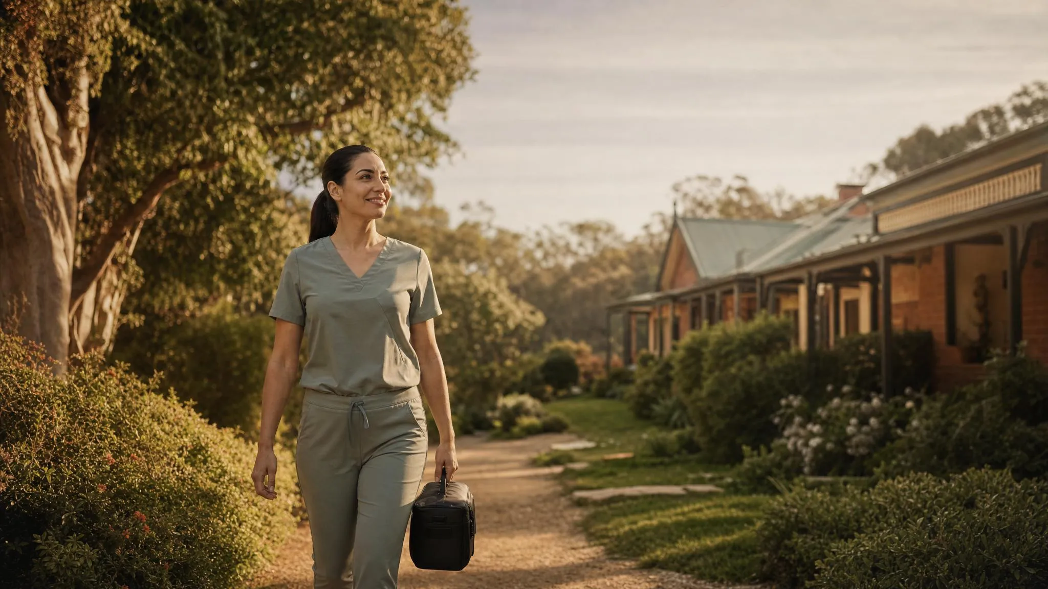 Madleen walking up to a Sydney home for a podiatry visit in warm afternoon light